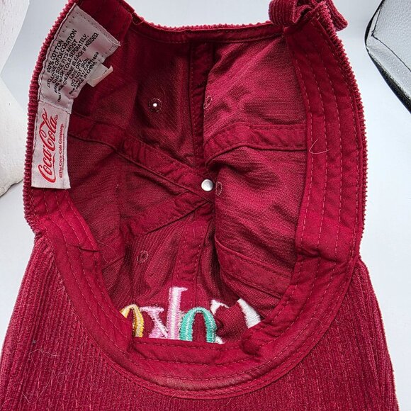 Coca Cola Multicolor Logo Corduroy Baseball Cap Adjustable Burgundy Cotton Hat - Picture 6 of 10